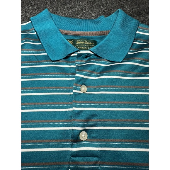 Brooks Brothers St. Andrews Links Mens Teal Gray Striped Polo Golf Shirt Large - Picture 3 of 7